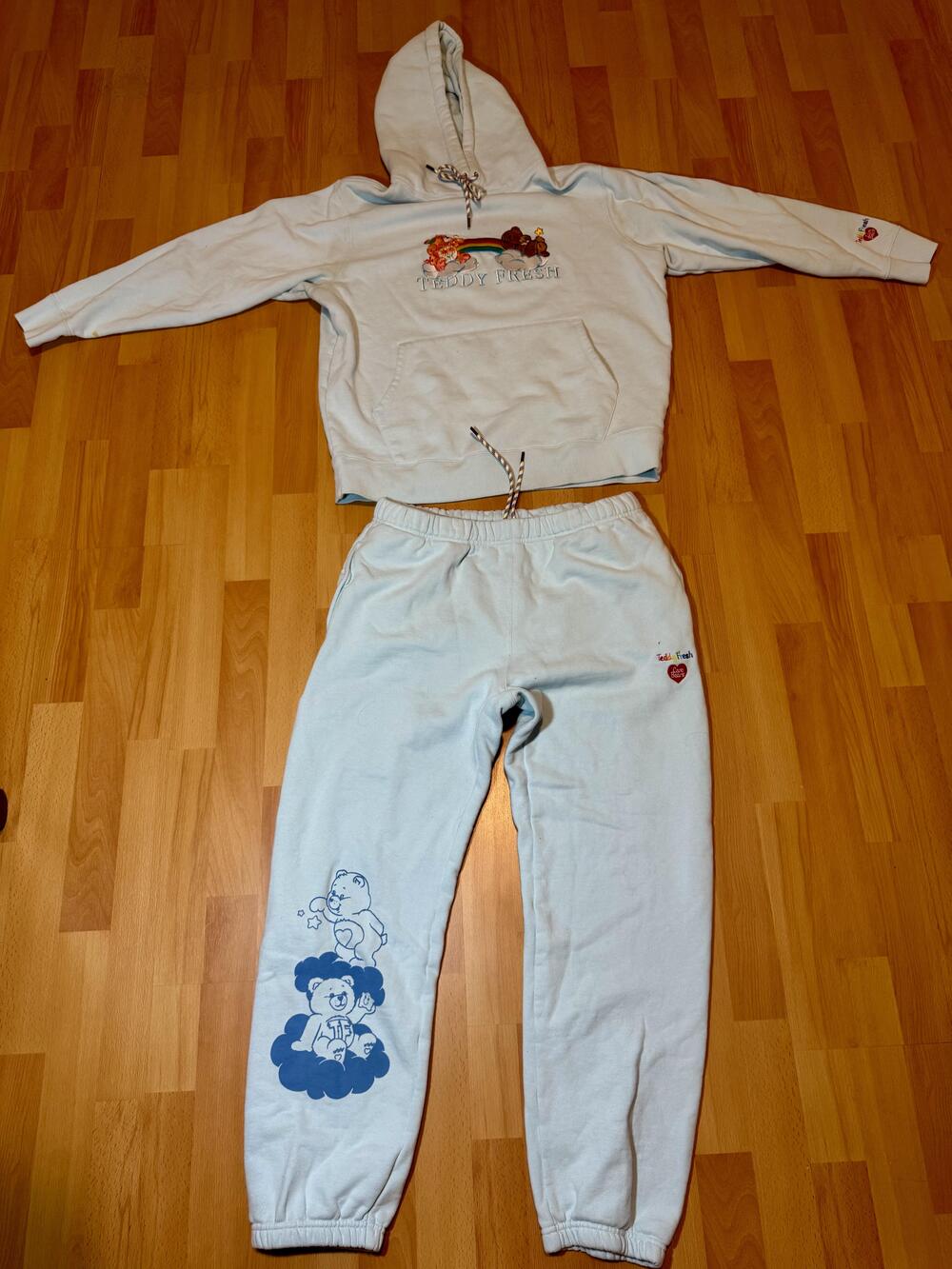 Teddy Fresh Care Bears Hoodie Sweatpants Set Mens Medium Light Blue Rainbow